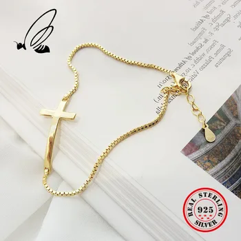 

100% 925 Sterling Silver Cross Bracelets & Bangles For Women Female Bend Cross Charms Bracelets Fine Jewelry For Women Gift