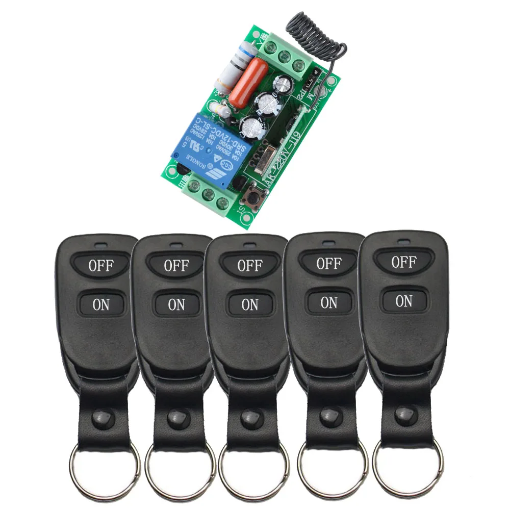 

220V 10A Wireless Remote Control Lights Switch System Relay Radio 220V 1 CH Receiver Module With 5PCSBlack Transmitte