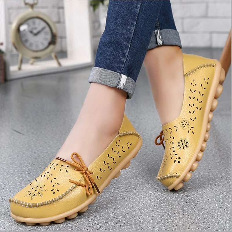 Acheter Véritable Cuir Femmes Appartements Mode De Chaussures Décontractés Dentelle up Doux Mocassins Printemps Automne dames chaussures