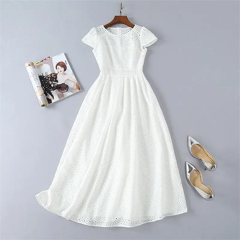 

. Women Runway Dress 2018 High Quality Summer O-neck Short Sleeve Slim Lady Casual Dresses White DX0701