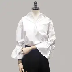 Винтажное с рукавами-фонариками блузка женская новая мода сплит рукав манжет с бантом v-образным вырезом Хлопок топы ретро свободная белая