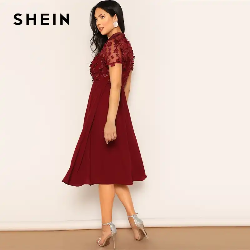 flower applique mesh panel flare midi dress