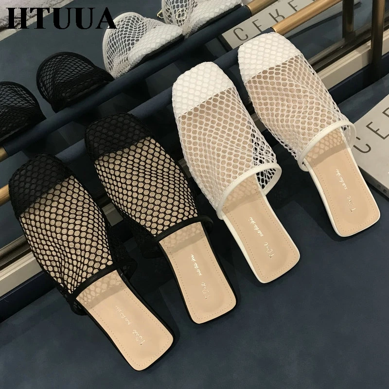 

HTUUA 2019 New Black White Breathable Mesh Square Toe Mules Shoes Women Flat Heel Slippers Outside Slides Summer Sandals SX2912