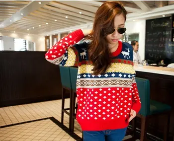 

New autumn winter clothing diamond lattice Christmas fawn bewildered color long sleeve pullovers