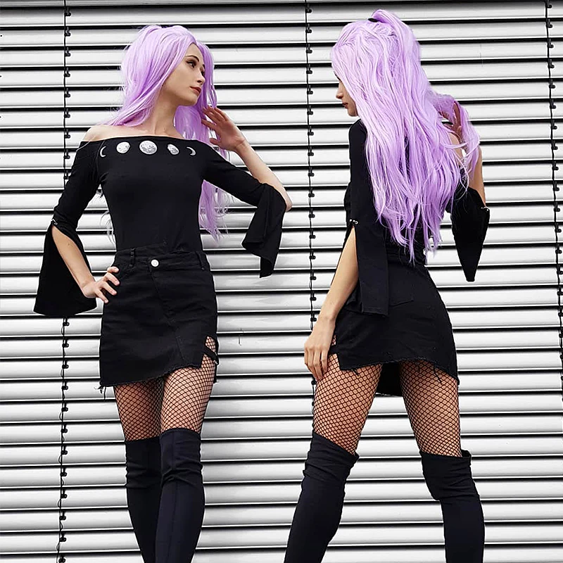 InstaHot القوطية انقسام مضيئة كم داخلية النساء القمر طباعة القطع الرقبة قبالة الكتف ثوب فضفاض الأسود الشرير مطاطا بارد وتتسابق