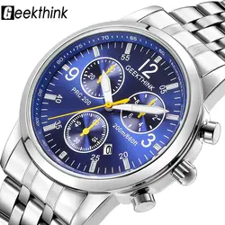 Geekthink известные бренды Классические кварцевые часы Для мужчин Повседневное Бизнес ремешок из нержавеющей стали Авто Дата часы Для мужчин