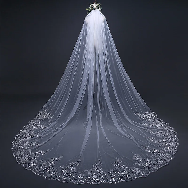 Новая мода 3 метра Соборная свадебная фата длинная кружевная кромка свадебная вуаль свадебные аксессуары