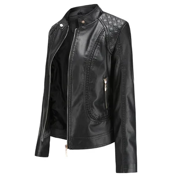 

New 2019 Autumn Spring Women Leather Jacket Stand Collar Pu Leather Jacket Black Motorcycle Coat Basic Faux Leather Outerwear