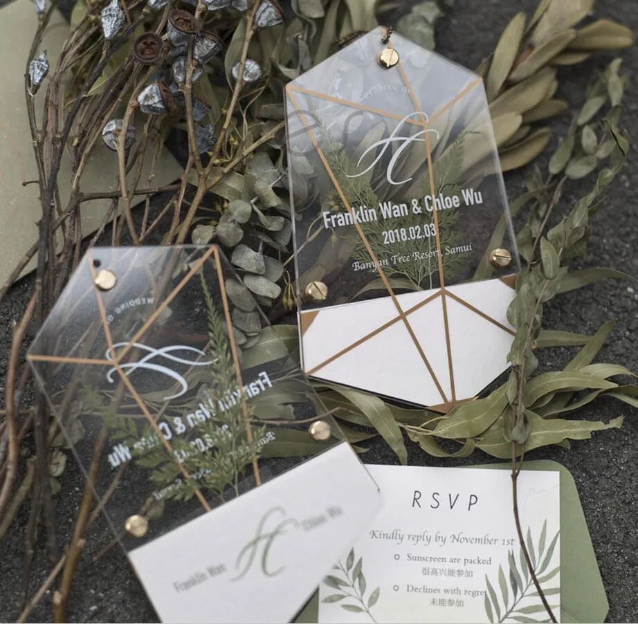 Double irregular geometric modeling Acrylic wedding invitation card with Preserved Fresh Flower for - 32856986469