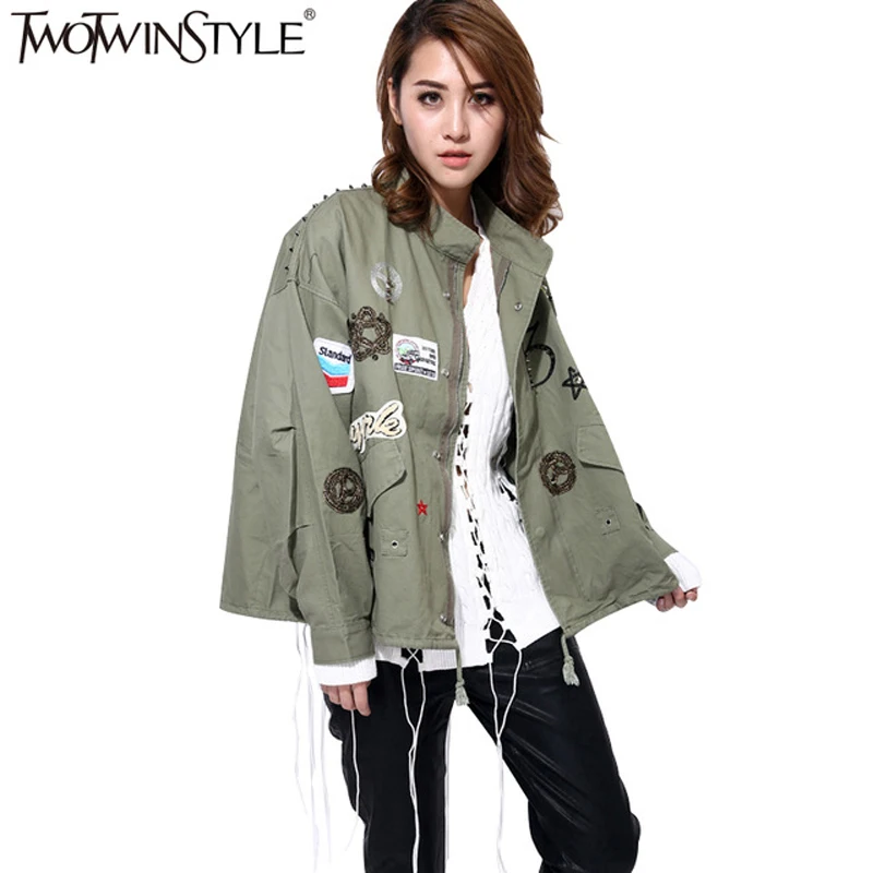 

TWOTWINSTYLE Rivet Bomber Female Jacket Patch Design Batwing Long Sleeve Windbreaker Coat Autumn Casual Clothes Big Sizes 2019