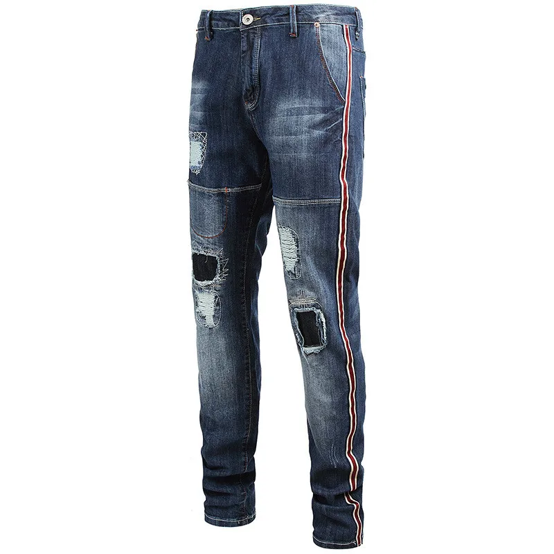 KIMSERE Для мужчин марка NEW Fashion Hi Street в стиле «хип-хоп» и джинсовые брюки джинсы в стиле пэчворк с уличной моды рваные джинсы джинсовые штаны рваные джинсы плюс Размеры