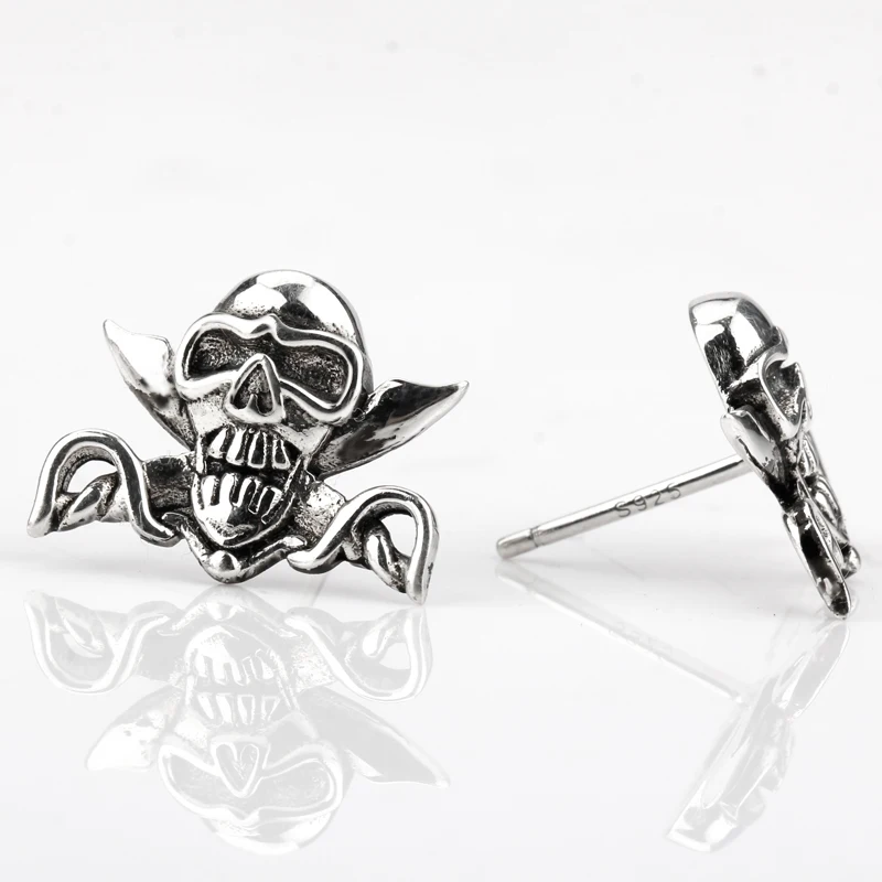 925 Sterling Silver Skull Stud Mens Earrings Bat Pirates ferocious Punk