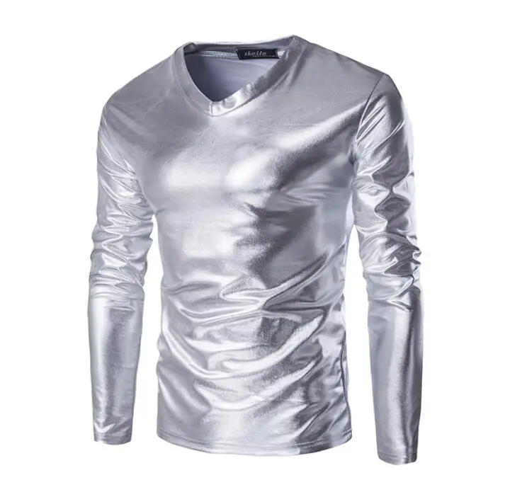Bronzing v-образным вырезом Футболка мужская Футболка camisa masculina подростковой моды тонкий сексуальный Глянцевая футболка s мужская с длинным рукавом Футболка золото