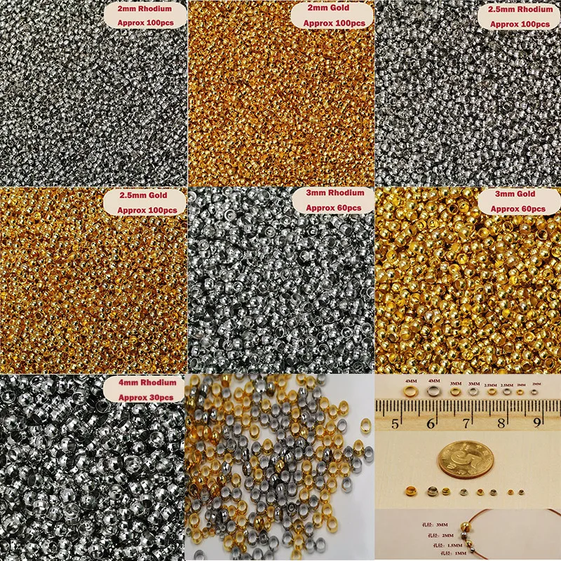 

30-100pcs Rhodium 2/2.5/3/4mm Plated Round Metal Beads Crimp End Beads Spacer Beads For Jewelry Making DIY Jewelry Findings