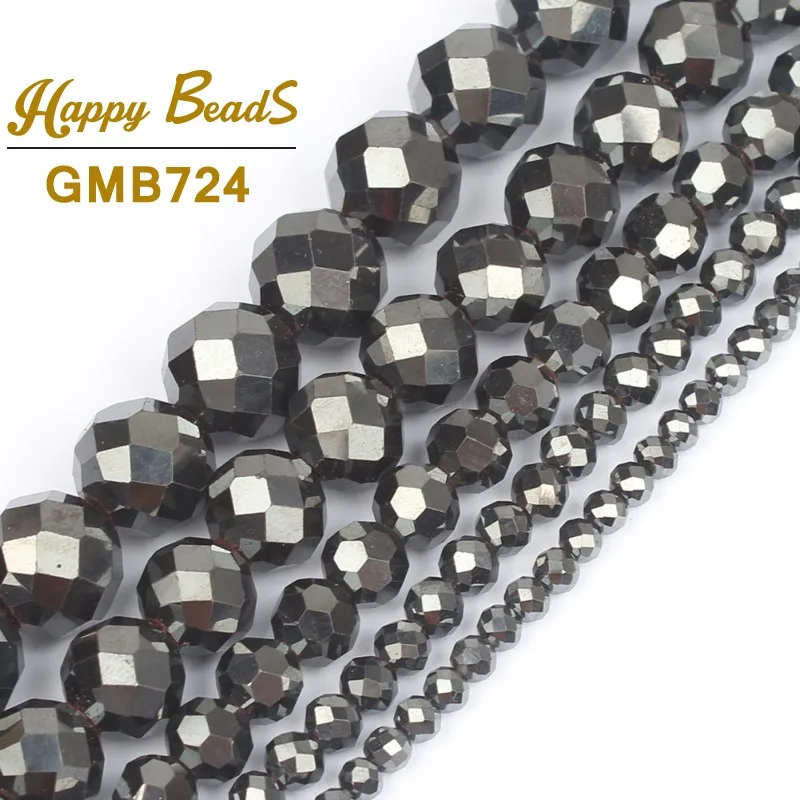 Faceted Silver Plated Rose Gold Hematite Natural Stone Beads for Jewelry Making – Round Loose Beads in Various Sizes