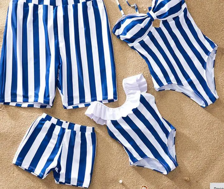 Mommy and Me Clothes Family Matching Swimwear Stripe Family Look Mother Daughter Swimsuit Ruffle Mom and Daughter Bathing Suit - Цвет: Blue