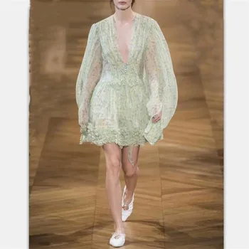 

Women Runway Dress 2019 High Quality V-Neck Long Sleeve Printed Ruffles Mini Dresses NP0401C