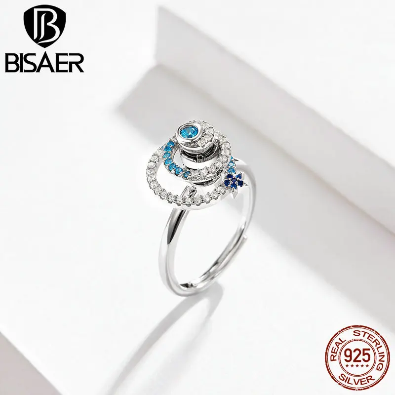 

Bisaer 925 Sterling Silver Spinning Star Dazzling CZ Finger Rings For Women Luxury Wedding Engagement Jewelry S925 Gift GAR035