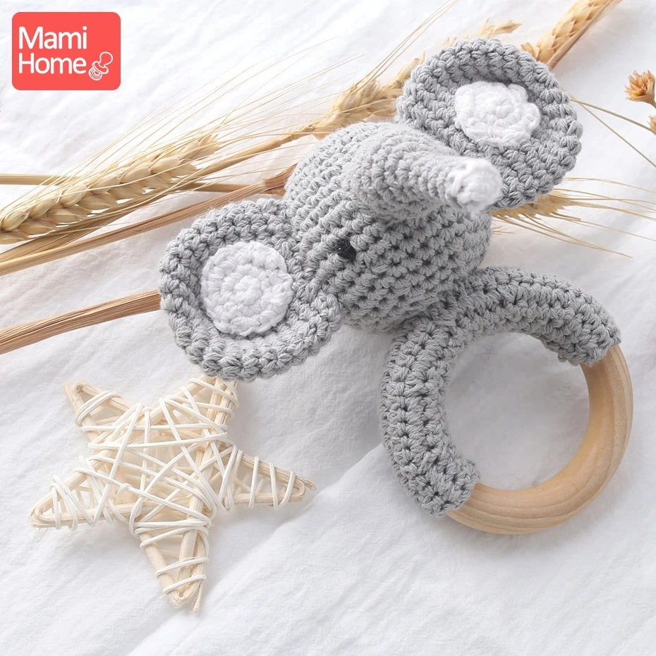 mamihome 1pc Baby Rattle Cartoon Crochet Animal Baby Teether Wooden Ring Handmade Chew Toy BPA Free Wooden Teething nursing gift