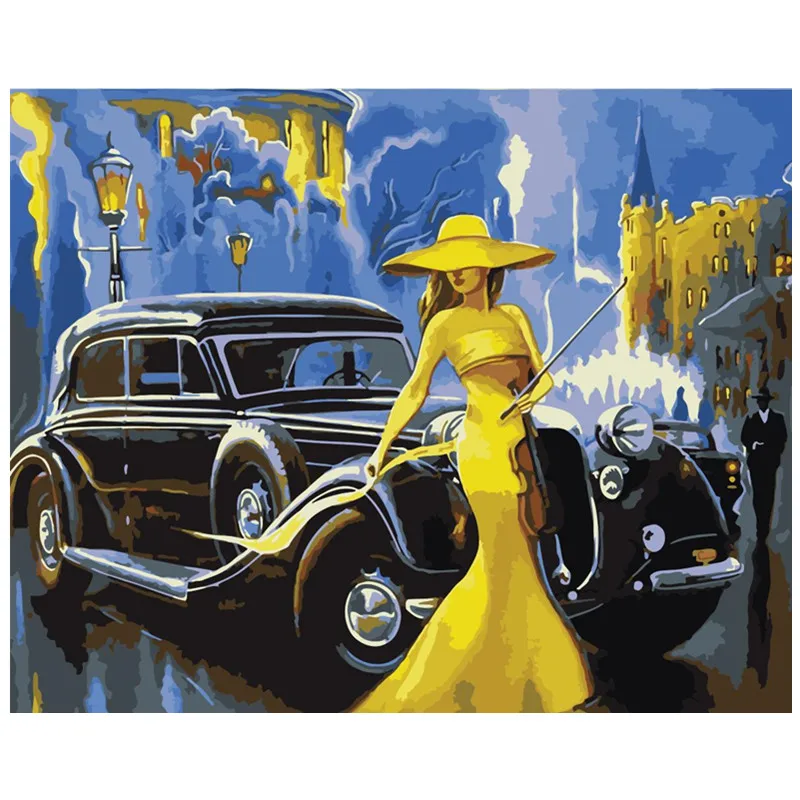

Painting By Numbers DIY Dropshipping40x50 50x65cm Old lady next to the car Still life Canvas Wedding Decoration Art picture Gift