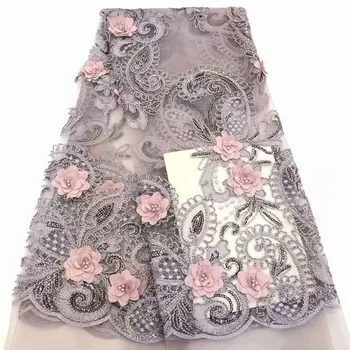 

High Quality African Lace Fabric 2019 Latest 3d Flower Tulle Lace Nigerian Lace With Sequins And Feather For Wedding YYZ8903