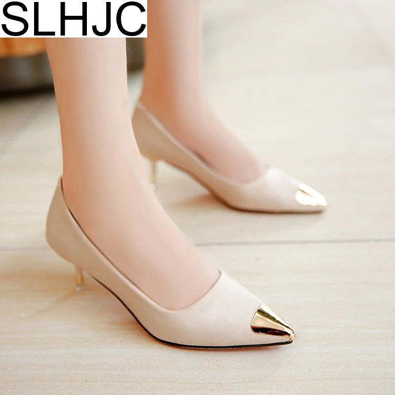 SLHJC 2018 Spring Pointed Toe Metal Low Heel Shoes Shallow Mouth Thin