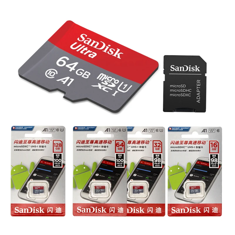 Купить Новое поступление Sandisk A1 Micro SD карты Class10 16 ГБ 32 ГБ MicroSD 64 ГБ 128 ГБ 100 МБ с. оригинальный памяти карта + упаковки