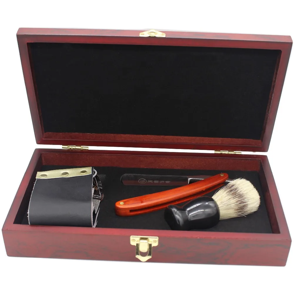 1+Razor +1 Brush +1 Strop Shaving Straight Razor Set Manual Classic Razors For Barber Red Wood