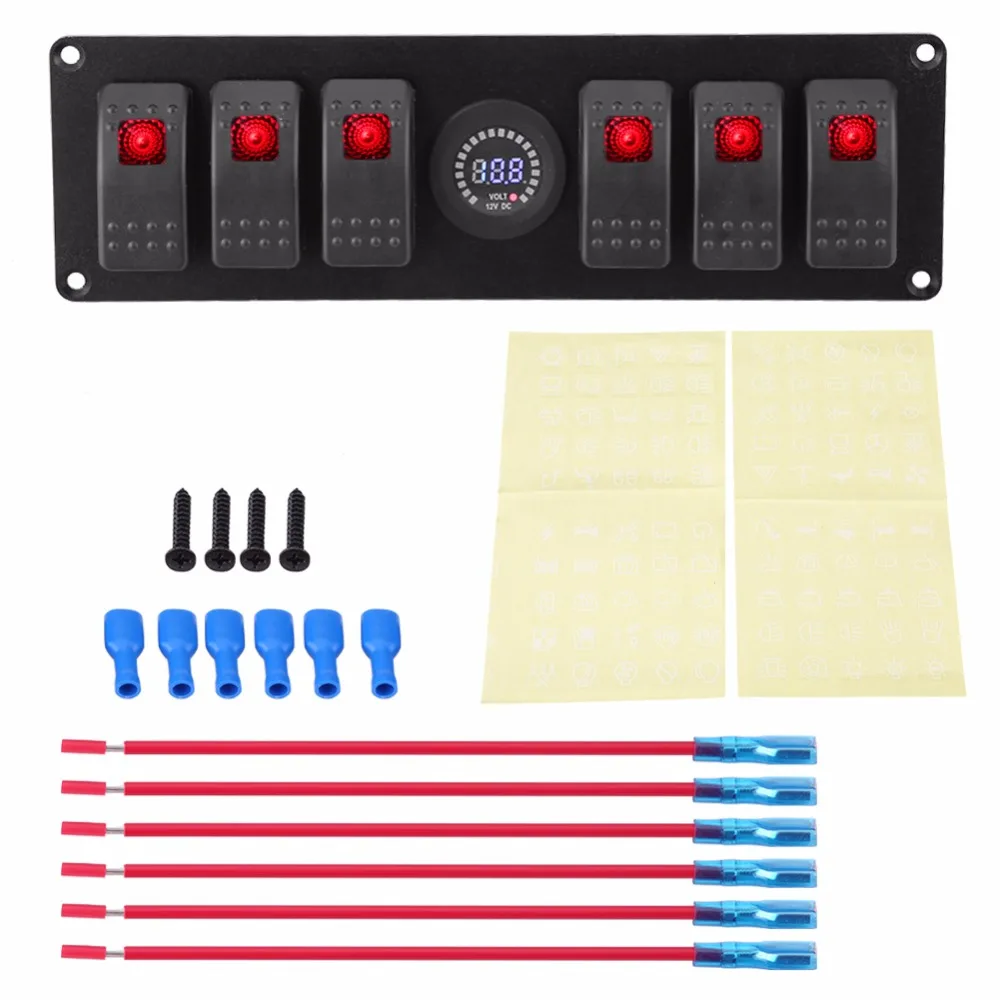 

6 Gang Red LED Rocker Switch Panel with Alarm Voltmeter for Car RV Boat Yacht Marine 12V Car Accessories