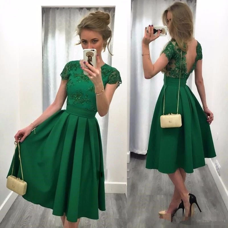 

Dark Green Cocktail Prom Gown A Line Appliques Tea Length V Design Back Wedding Party Dress