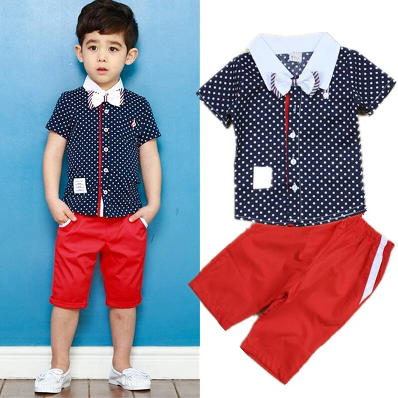 2017 summer New Arrival Boys Sunshine Clothing Sets kids boys Collar Dot Short-sleeve T-shirt+pant two pieces clothing sets |