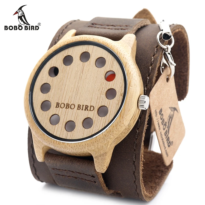BOBO BIRD V-A26 12 Holes Design Bamboo Wood Watch Mens Quartz Analog Watches Brown Leather Wooden Wristwatch Band