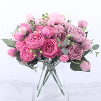 30cm Rose Pink Silk Peony Artificial Flowers Bouquet 5 Big Head and 4 Bud Cheap Fake Flowers for Home Wedding Decoration indoor 1