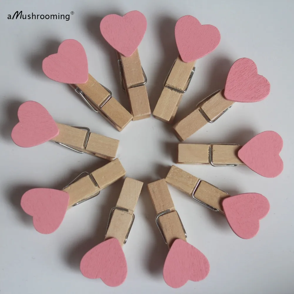 pink heart mini heart clothespins, natural wooden mini clothespins