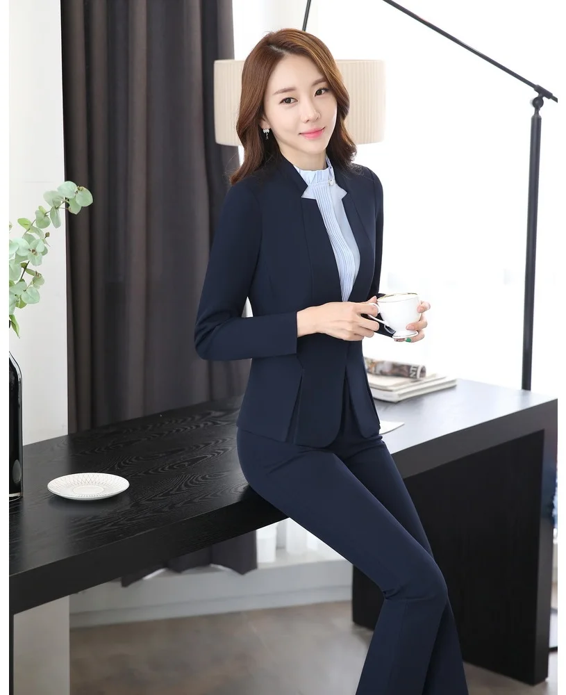 Модный Темно-синий блейзер для женщин, деловые костюмы, деловой костюм для офиса, брюки и куртка, наборы красоты, униформа для салона - Цвет: Dark blue