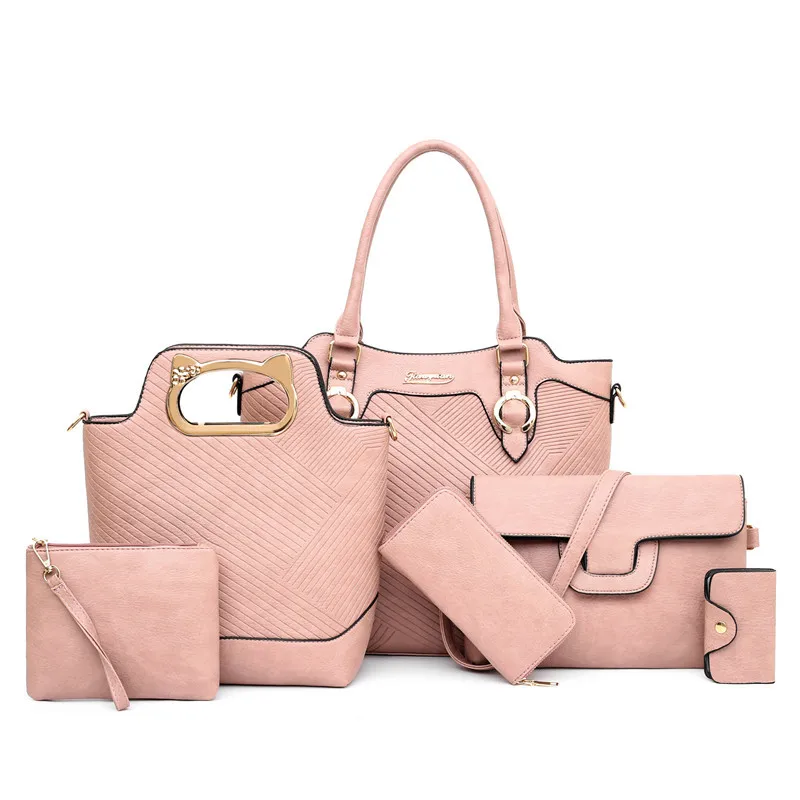 Модные дизайнерские женские Сумки из искусственной кожи, сумки-тоут, роскошные 6 штук в комплекте, сумка на плечо, большая вместительность, сумки через плечо для женщин - Цвет: Розовый