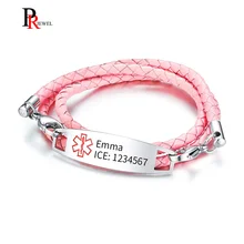 Розовый кожаный медицинский алерт ID браслеты для детей гравировка имя болезни информация о льду тег тройной Браслет-обмотка