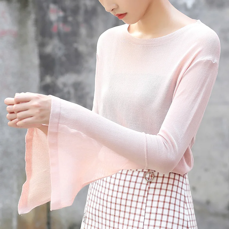 Yichaoyiliang осень 2017 г. Flare с длинным рукавом See Through Вязание рубашка для Для женщин