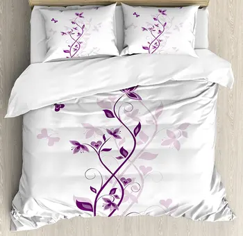 

Purple Duvet Cover Set Violet Tree Swirling Persian Lilac Blooms with Butterfly Ornamental Plant Graphic 4 Piece Bedding Set