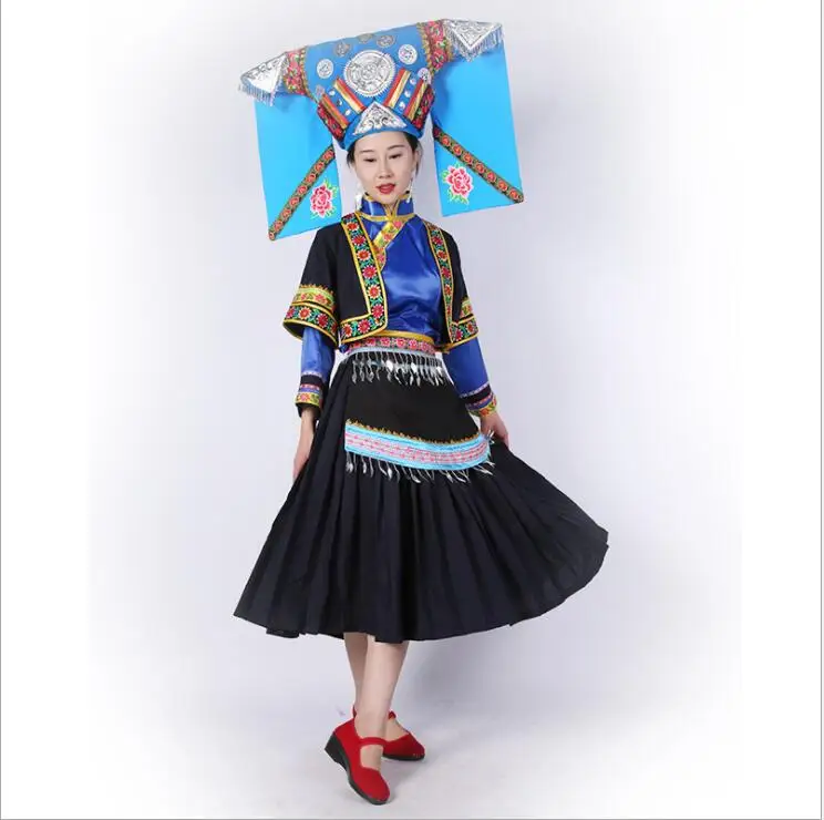 Miao Национальная женская одежда Hmong Minority нарядная шляпа+ платье Китай Лаос Вьетнам Таиланд этнический танец меньшинств костюм