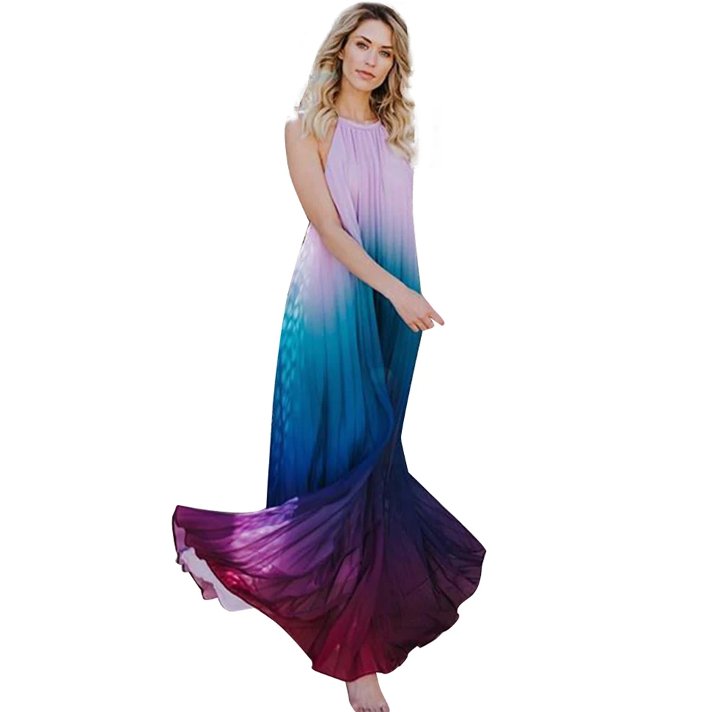 

Sexy Women Backless Long Dress Chiffon Ombre Pleated Sleeveless Beach Dress Halter Boho Beach Tunic Dress robe femme ete 2019
