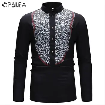 

Opslea Dashiki African Ethnic Pattern Men Stand Neck Button Shirt New Long Sleeve Print Tops African Tribal Fashion Casual Shirt