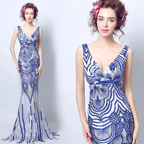 

2019 New Arrival Elegant Blue and White Porcelain Sequined Traditional Mother Evening Dress 46