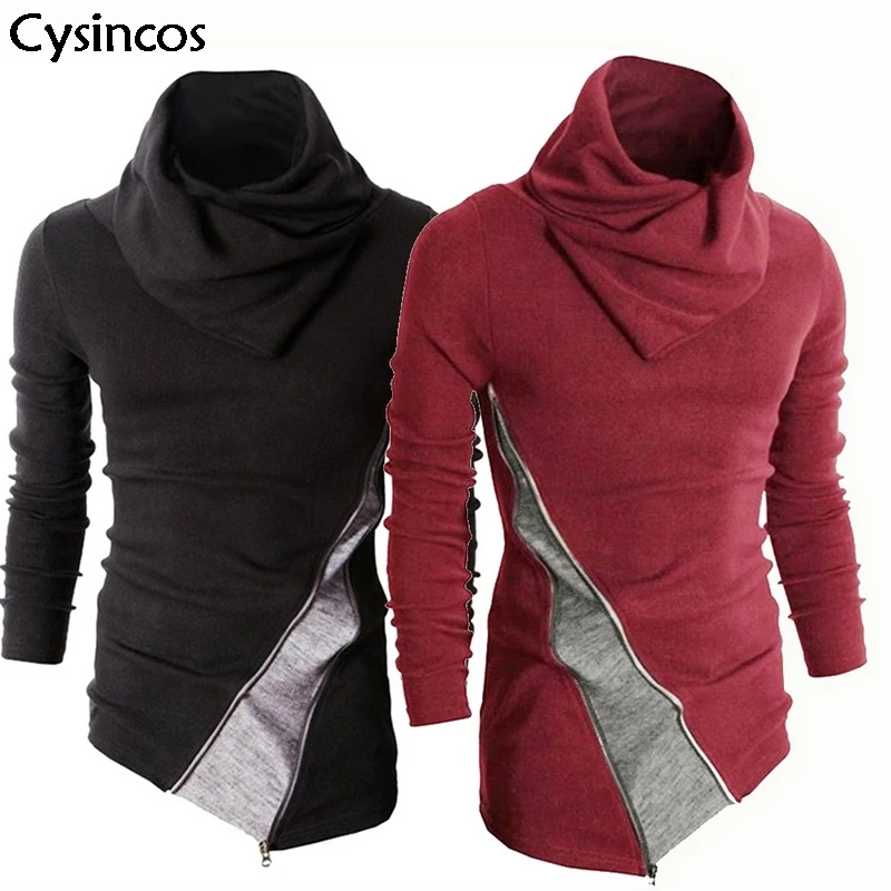 

Cysincos New Men Casual Knitted Sweater Patchwork Turtleneck Autumn Winter Fashion Long Sleeve Pullover Irregular Sweater Male