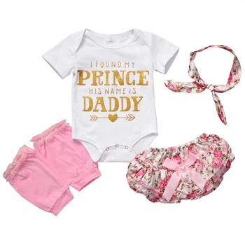 

Cute Toddler Infant Baby Girl Clothing Set Letter Bodysuit Tops Floral Ruffle Shorts Leg Warmer Handband Prince Daddy Outfits