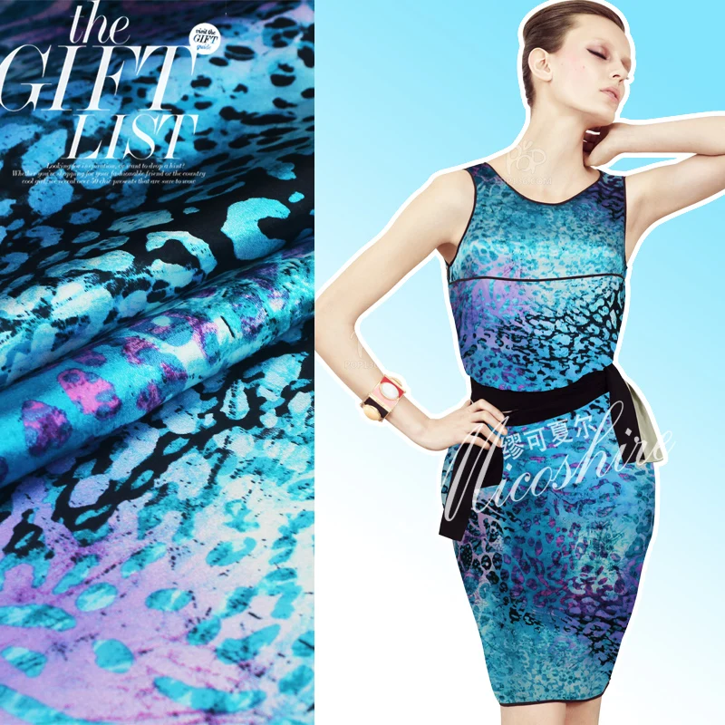 

New Fashion Silk Elastic Satin Blue Leopard Printed 97% Mulberry Silk Cheongsam Full Dress Jumpsuit silk fabric sale Wholesale