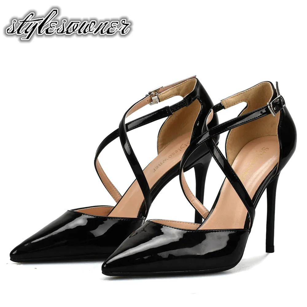 

Stylesowner Hot Sale Black Nude Color 10cm Single Shoes Patent Leather with Cross-tied Sexy Sweet Woman Pumps High Heels Shoes