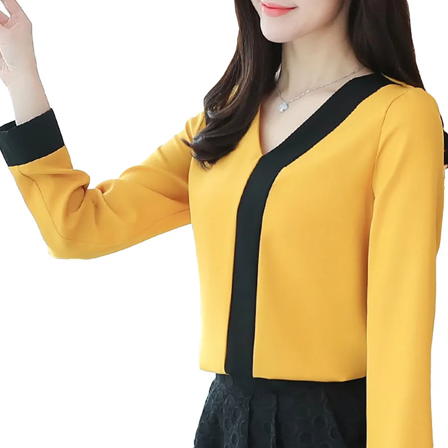 

Office Lady White Yellow Blouse Spring Summer Shirts Women's Blouses Tops Long Sleeve V Neck Black Patchwork Chiffon Shirt Blusa