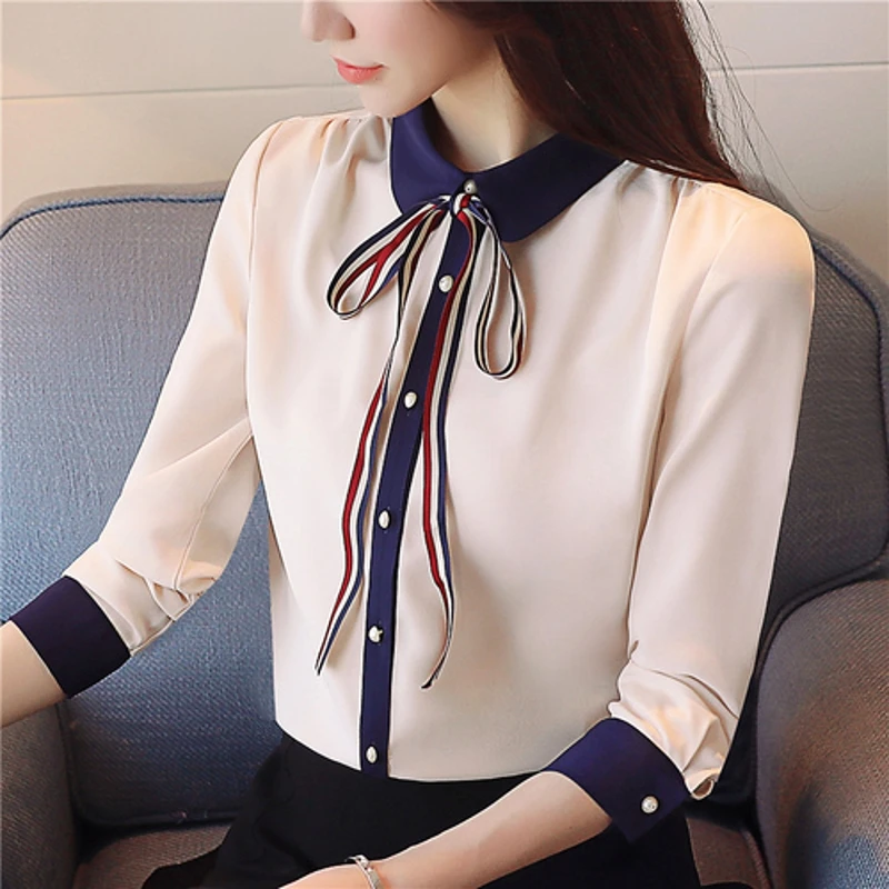 Autumn 2019 Women Blouse Chiffon Peter Pan Collar Lace Up