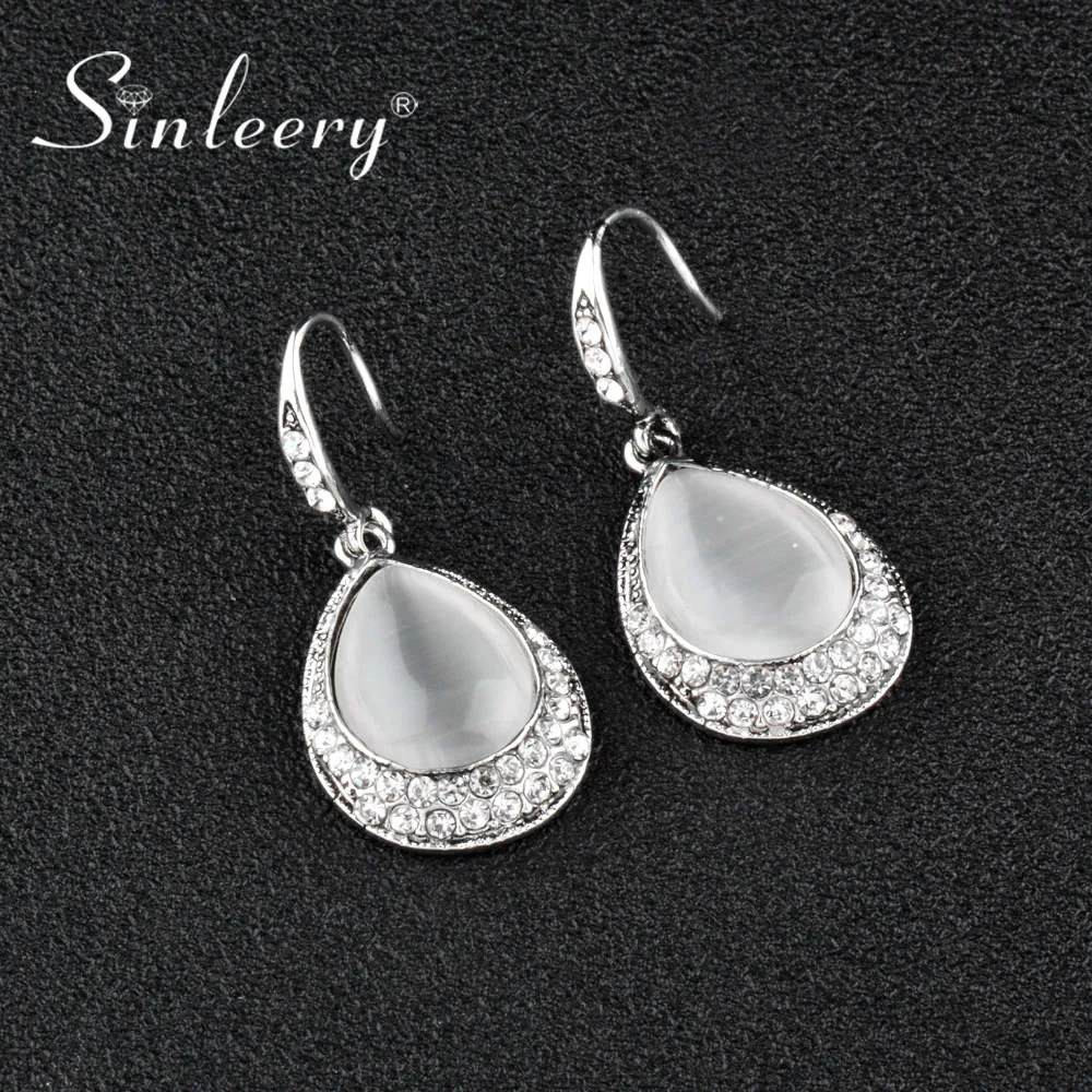 SINLEERY Vintage Water Drop Opal Stone Dangle Drop Earrings for Women Antique Silver Color Jewelry Accessories ES527